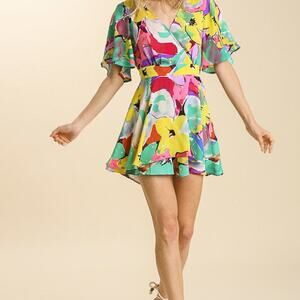 92 Umgee Floral Print Short Bell Sleeve V-Neck Romper with a Waist Tie